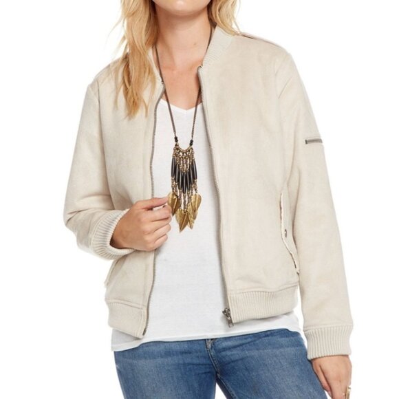 Chaser NWT Women's Faux Suede Fur Lined Natural Utility Bomber Jacket Size Large - Picture 1 of 8